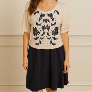 Anthropologie Lilka Elise Flora Navy Blue and Oatmeal Mini Dress - Size Small